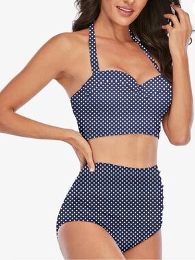 retro vibes Navy Polka Dot High-Waist Bikini Set
